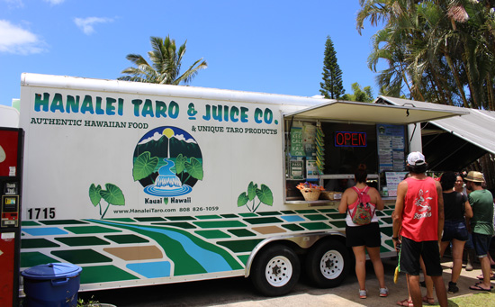 There are many small food trucks like Hanalei Taro & Juice Co. that offers tasty Hawaiian food. Photo by Janna Graber